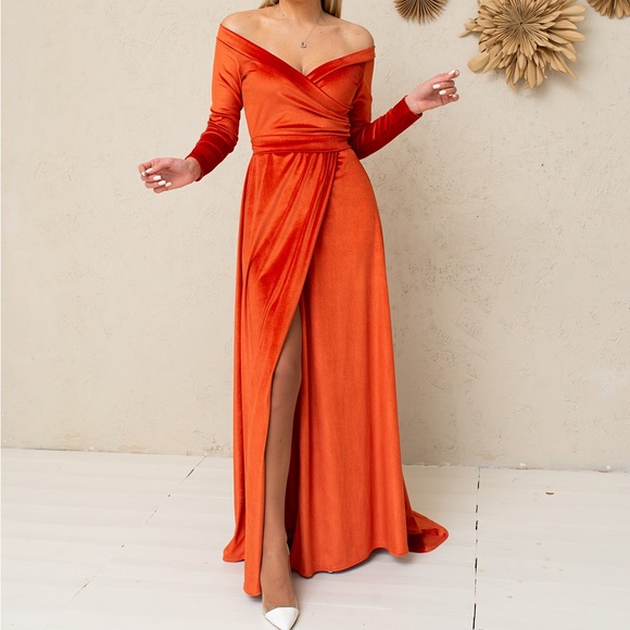 ❗️NEW❗️Dark Teal Off Shoulder Velvet Wrap Maxi Dress - Picture 6 of 16